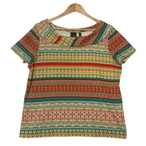 RAFAELLA sz Large Petite Top Round Collar Short Sleeves Stripes Yellow Green
